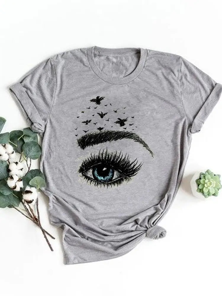 T-shirt manches courtes pour femmes, vêtement basique, haut d'été, maquillage rayé, joli et mignon, imprimé, à la mode, graphique