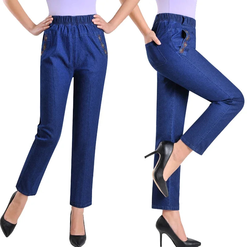 L-5XL Jeans Femme Printemps Été Nouvelle Broderie Neuf Denim Pantalon Slim Taille Haute artificiel asticité Casual Femmes Cowboy Pantalon H450