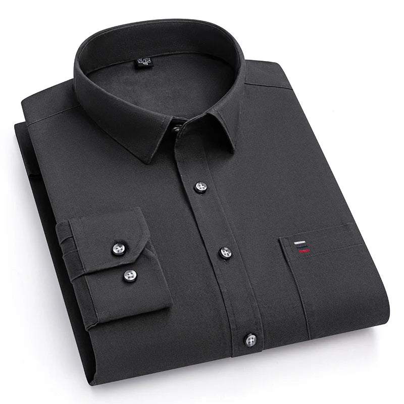 Nouveau 100% pur coton hommes chemises manches longues couleur unie doux coupe régulière chemise décontractée poche Social Blouse hommes vêtements S-7XL