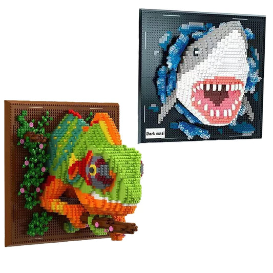 Blocs de construction 3D tête de monstre requin, bloc Mural, pendentif Animal, décoration murale suspendue, Sculpture, décoration de maison, jouet cadeau