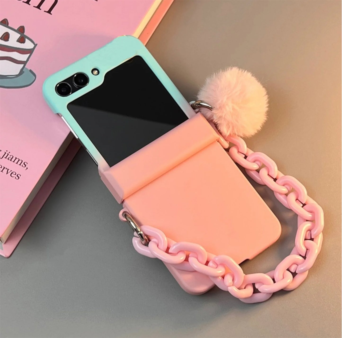 coque de téléphone bleue dégradée avec Bracelet Hariball rose pour Galaxy Z Flip