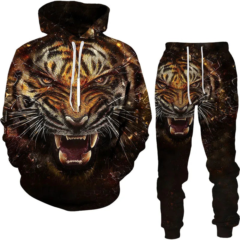 Ensemble de survêtement imprimé tigre animal 3D pour hommes, sweat à capuche et pantalon décontractés, streetwear à la mode, vêtements trempés, automne, hiver, 2 pièces