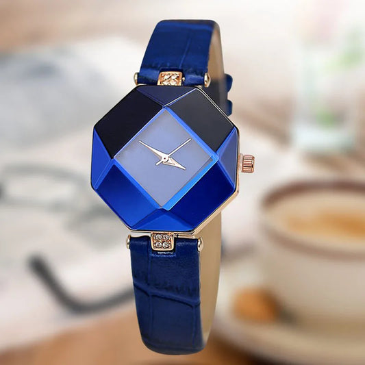 Relogio Femin37- Montre-bracelet à quartz analogique pour femme, bijou géométrique, coupe gemme exquise, bracelet en cuir bleu, à la mode