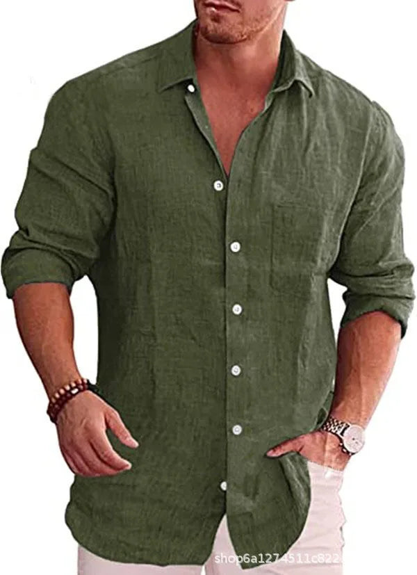 Chemise ample grande taille pour hommes, couleur unie, col en lin, manches longues, chemise décontractée