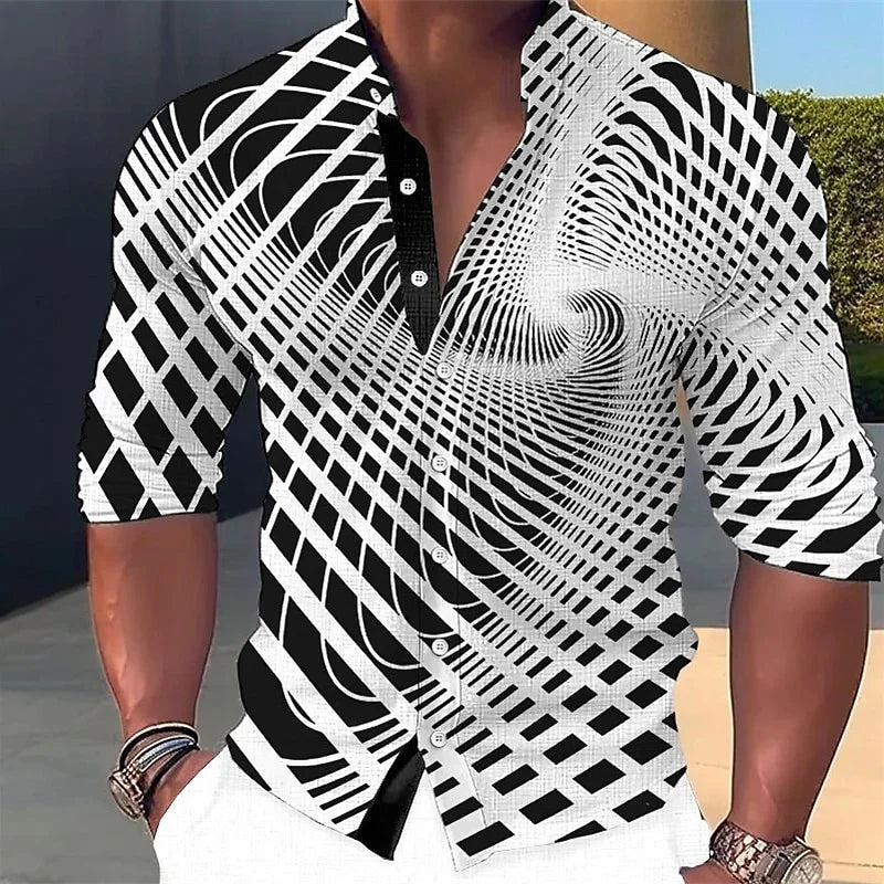 Chemise à boutons à motif géométrique pour hommes, manches longues, mode rue, extérieur, décontracté, quotidien, été, printemps et automne, col montant imprimé