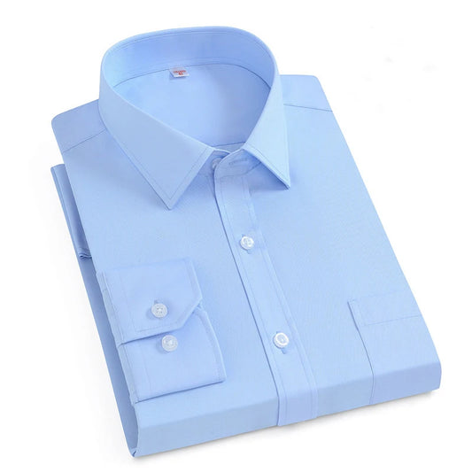 Nouveau coton hommes classique à manches longues robe chemise poche régulière coupe formelle affaires travail bureau décontracté bouton blanc chemises sociales