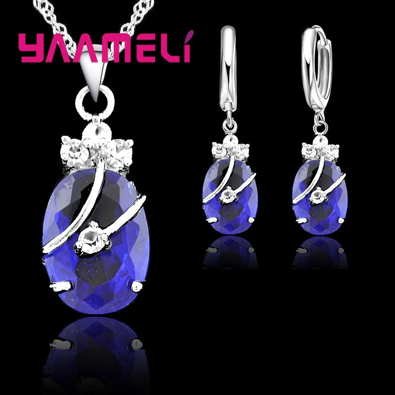Ensembles de bijoux vintage pour femmes, argent regardé 925, pendentif en pierre de cristal, breloques, collier de mariage, boucles d'oreilles créoles, nouvelle mode