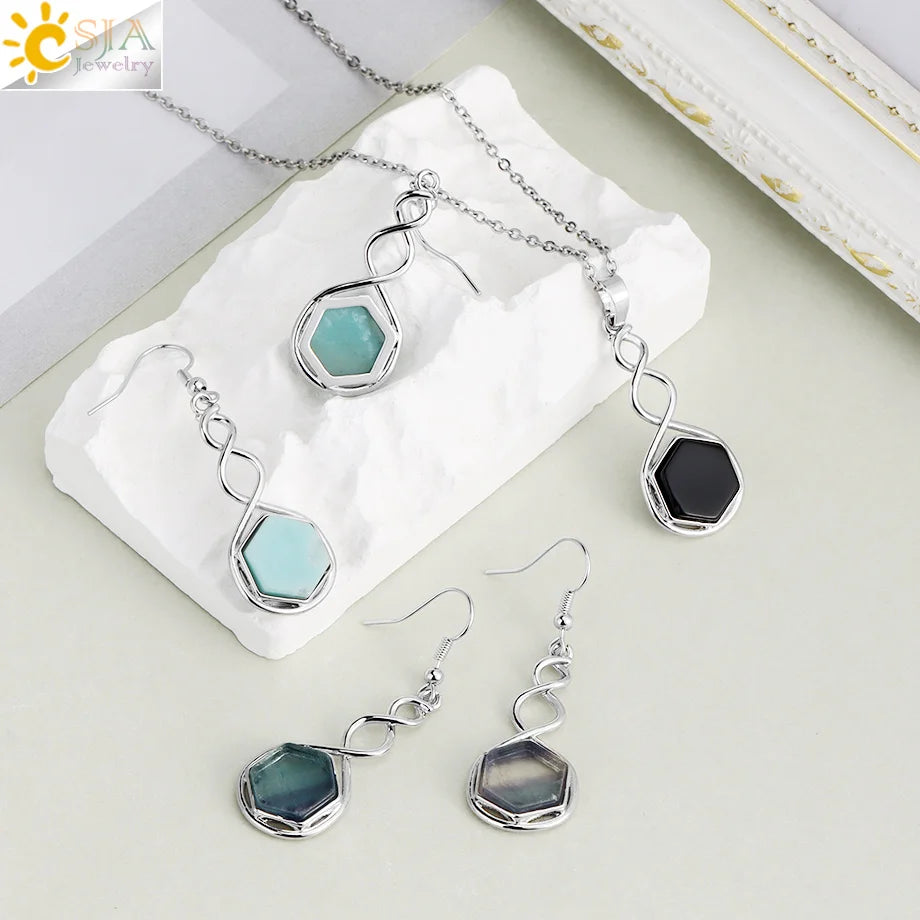 CSAlbaneParure de bijoux en pierre naturelle pour femme, boucles d'oreilles, collier, hexagone, pendentif en cristal, acier inoxydable, accessoires de bijoux, H577