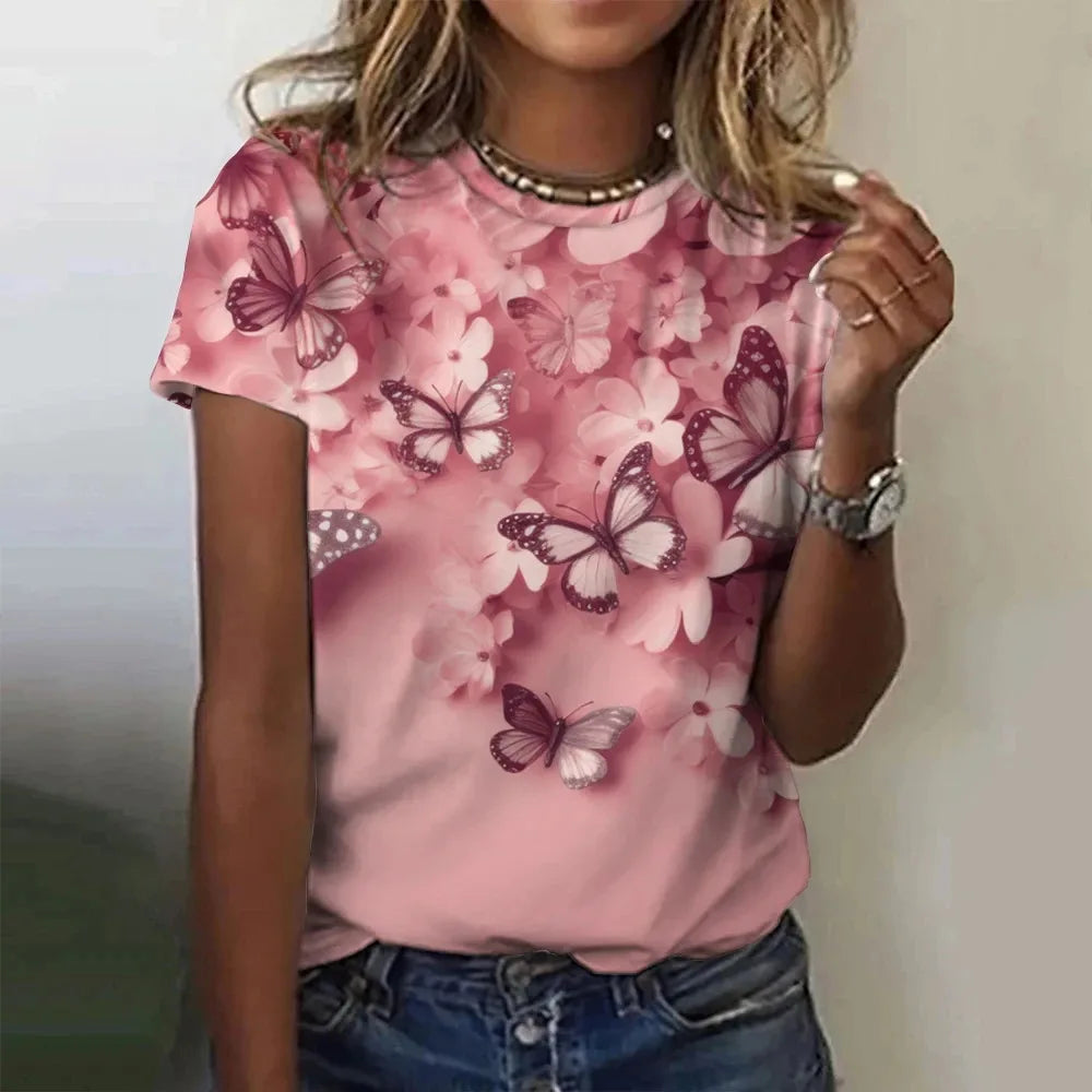 T-shirt manches courtes col rond femme, estival et surdimensionné, avec motif Floral et fleur papillon imprimé en 3D, Y2k, Harajuku, vêtements féminins, nouvelle collection