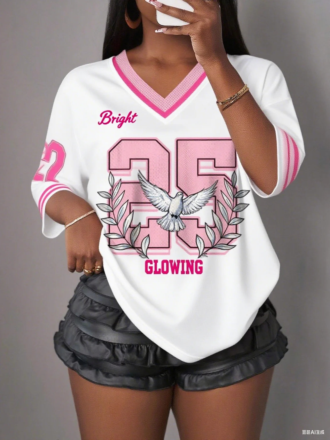 N° pour femme. 25 imprimé col en v à manches courtes trou maille T-Shirt été T-Shirt maillots de Baseball grande taille hommes Sport T-Shirt