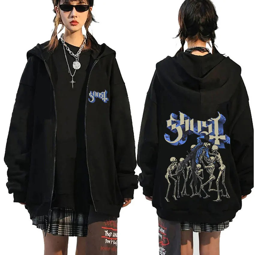 Mesurost Band Zipper Hoodie pour hommes, Hip Hop Respzed Fashion, Cartoon Anime Graphic Print, Zip Up Hoodies, Rock Gothic, PVD