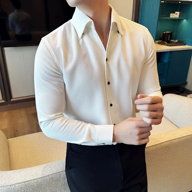 Chemise gaufrée à manches longues pour hommes, coupe couvertes, col en V, monochromatique, affaires décontractées, robe formelle, fête sociale, streetwear, 4XL, automne