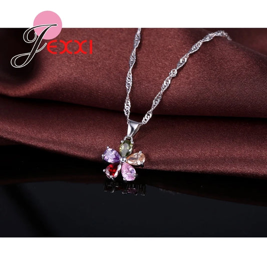 Kendning Flower-Ensembles de bijoux pendentif en cristal coloré CZ, collier en argent regardé 925, boucles d'oreilles pendantes et créoles