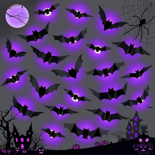 Décoration de chauve-souris d'halloween, veilleuse avec lumières violettes, autocollant mural 3D pour décoration auto-adhésive, jardin, arrière-cour, décor de fête d'halloween