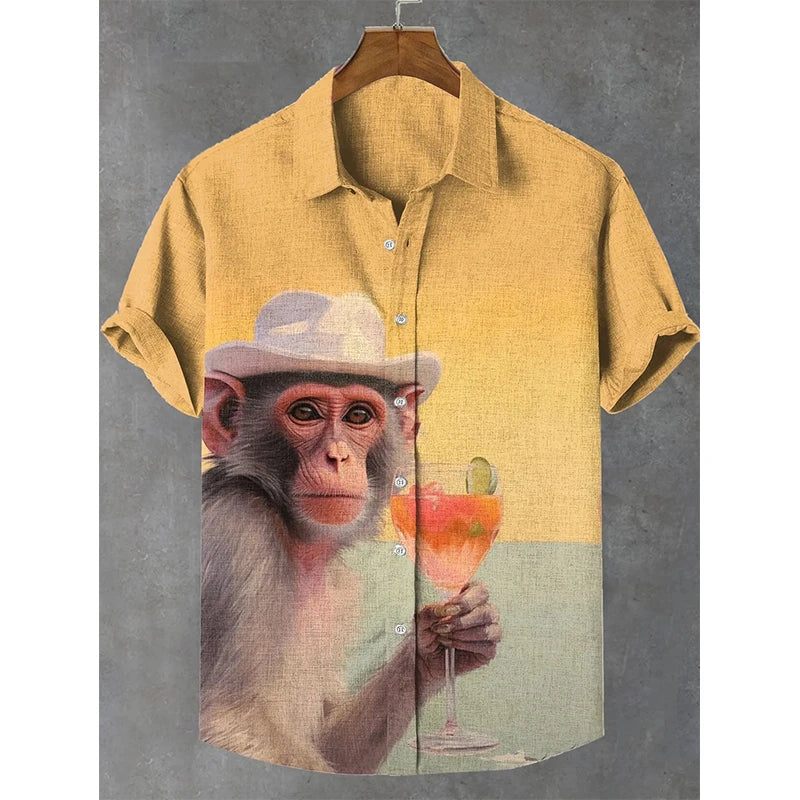 Chemises de plage imprimées en 3D de singe drôle pour hommes et femmes, chemise de plage hawaïenne décontractée, chemisiers de vacances, manches courtes, animal mignon, bouton Y