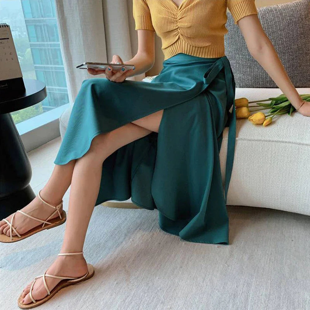 Printemps été automne plage jupe femmes 9 couleurs taille haute côté cravate décontracté jupe portefeuille femme solide élégant Midi jupe vêtements