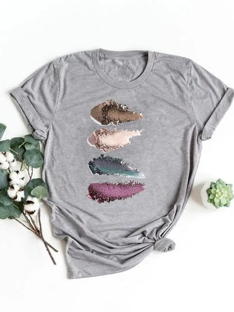 T-shirt manches courtes pour femmes, vêtement basique, haut d'été, maquillage rayé, joli et mignon, imprimé, à la mode, graphique