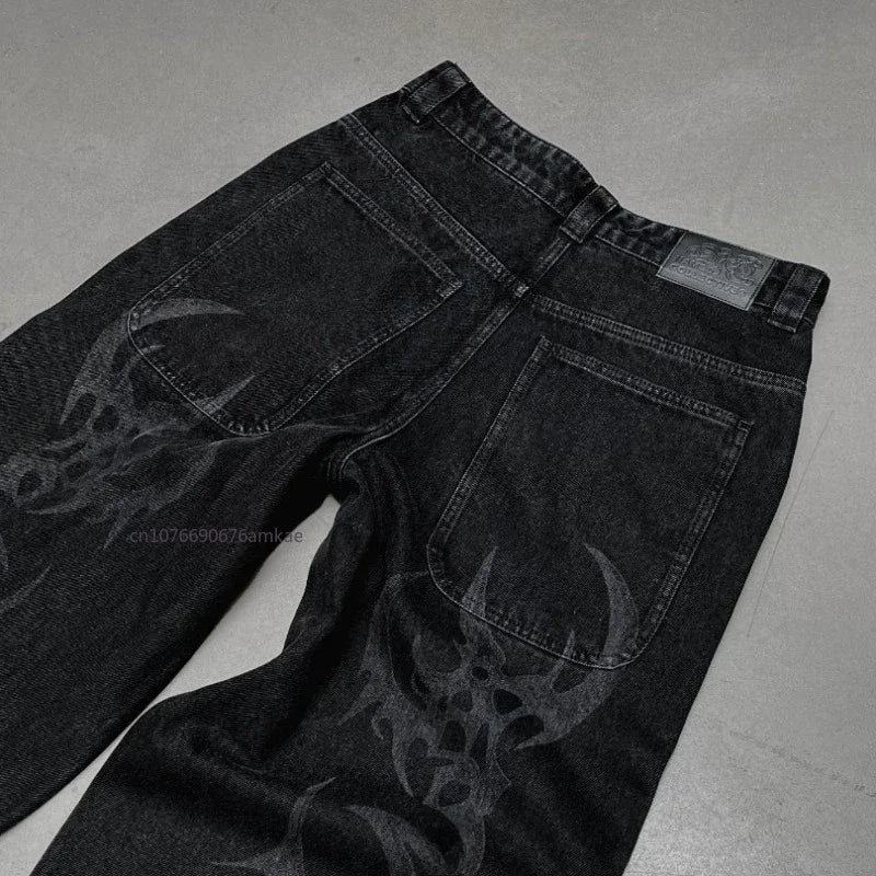 Ins-Pantalon droit en coton noir pour hommes et femmes, Jeans College de motifs de personnalité sombre, High Street Couple, Automne, Hiver, Nouveau