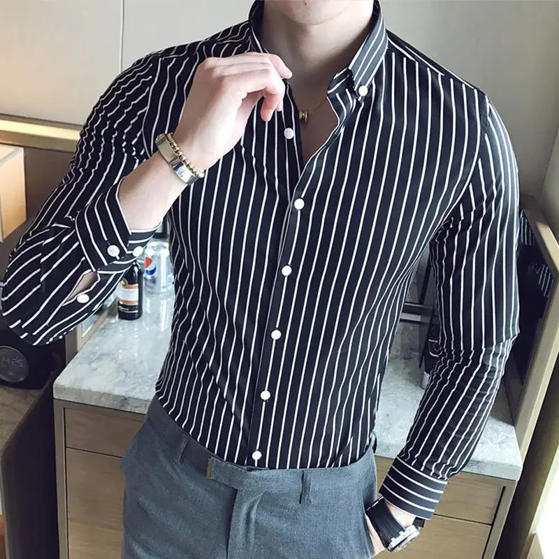 Chemises rayées à boutons formels pour hommes, beau tempérament, col rabattu, maigre, printemps, été, automne, vêtements fins pour hommes, mode