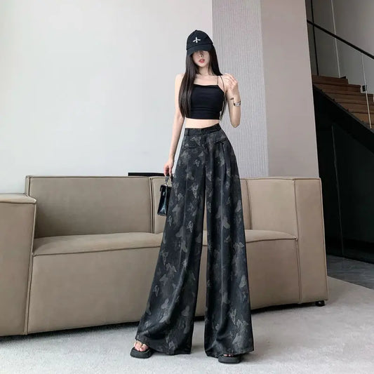 Pantalon drapé en Satin papillon noir pour femme, ample et à la mode, jambes larges, taille haute, Slim, décontracté, printemps et été