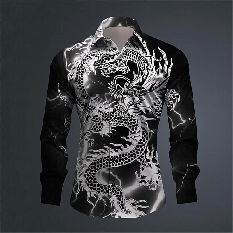 Chemise à manches longues imprimée en 3D abstraite pour hommes, haut à revers confortable, culture du dragon, tendance de la mode, tenue quotidienne