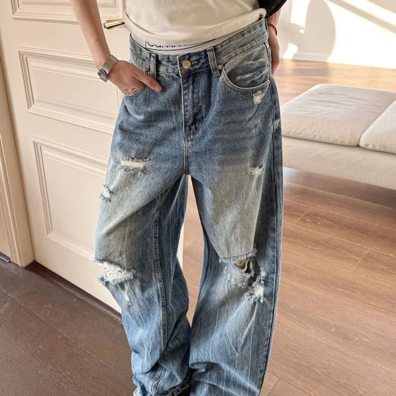 Jean bleu taille haute à trous multiples pour femmes, pantalon à jambes larges, pantalon américain Cool Girl, bas décontracté, survêtement féminin