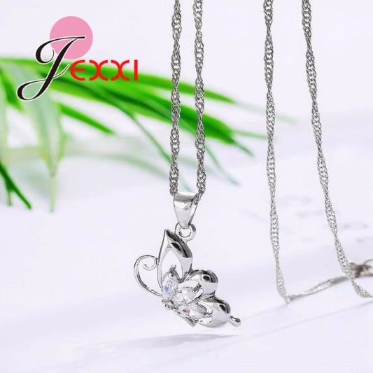 Ensemble de bijoux en argent Sterling 925 pour femmes, collier, pendentif, boucles d'oreilles papillon en zircone cubique élégante