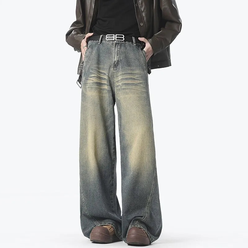 Style américain Vintage jean droit hommes rétro mode pantalon de nettoyage unisexe haute rue ample décontracté jambe large Denim pantalon