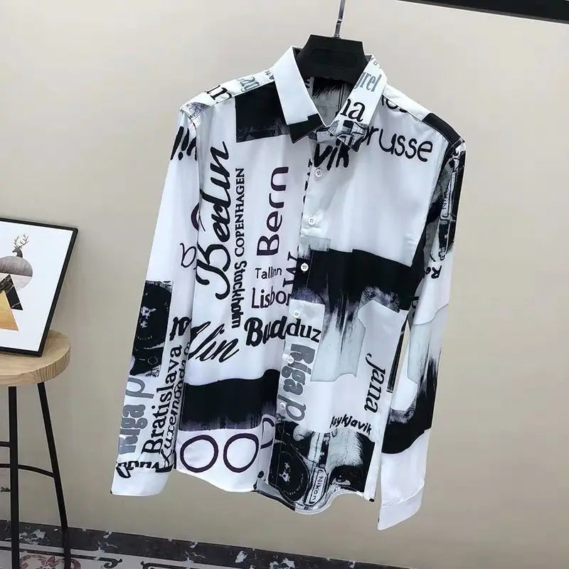 Chemise à manches longues à col rabattu pour hommes, cardigan boutonné High Street, impression de lettres, mode décontractée, printemps, automne, nouveau