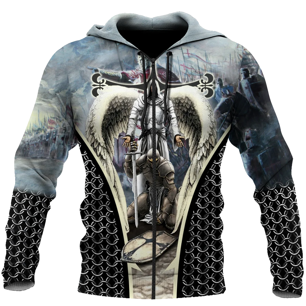 Sweat à capuche à fermeture éclair pour hommes, imprimé croix de jésus en 3D, dieu, Cool, Harajuku, chevaliers templiers, pull à manches longues pour hommes, nouvelle collection automne et hiver