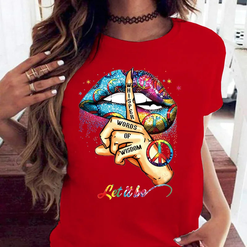 100% coton ample col rond bouche créative à manches courtes T-shirt femme surdimensionné T-shirt hauts vêtements esthétiques
