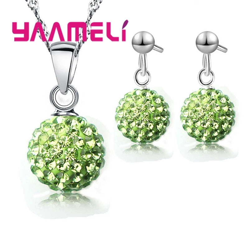 Ensembles de bijoux en argent regardé 925 pour femmes et filles, cadeaux de mariage, cristal autrichien pavé, collier boule CZ Chang, boucles d'oreilles créoles, patients