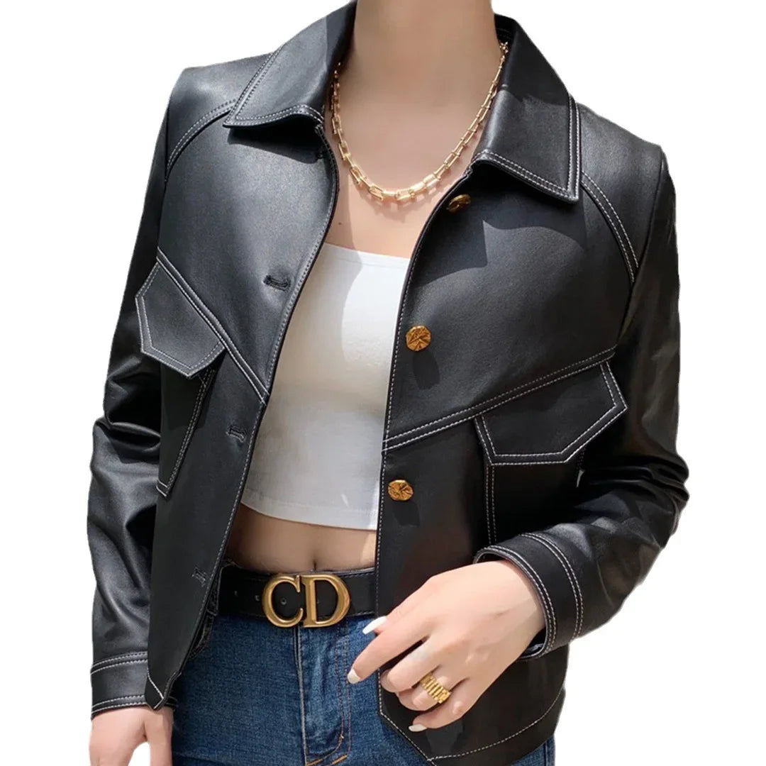 Blouson en similicuir PU femme, slim et court, avec boucle à une rangée, pour moto et rue, automne hiver