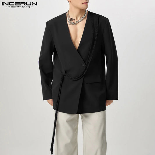 INCERUN hommes décontracté à manches longues Blazer 2025 beaux costumes de couleur unie élégant gland Streetwear mâle mince manteaux