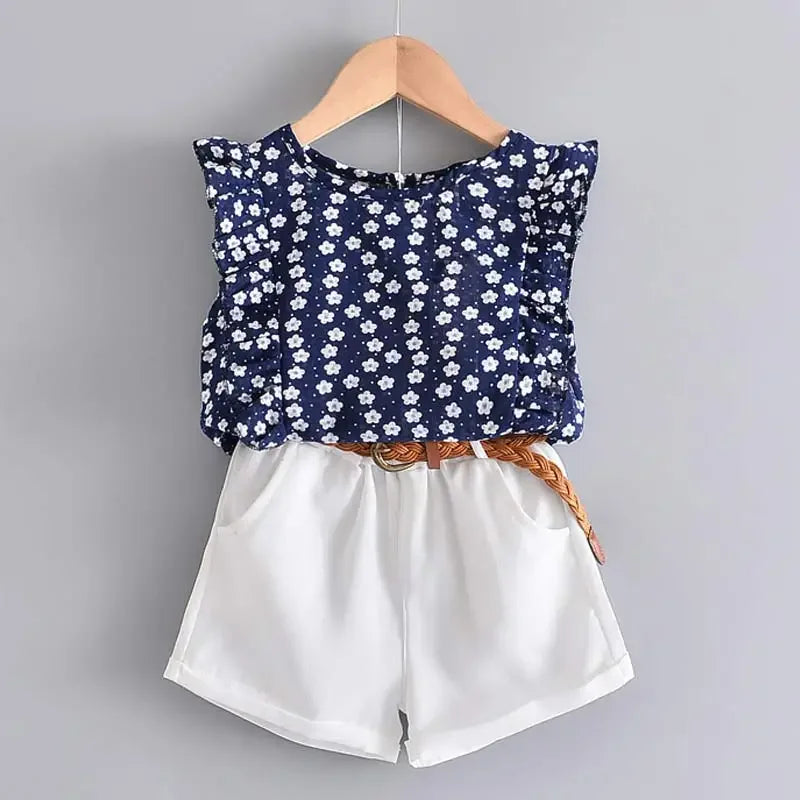 BEAR LEADER-Ensemble d'été décontracté en mousseline de soie pour enfant, t-shirt et pantalon bleus à fleurs, pour fille de 3 à 7 ans, nouvelle collection