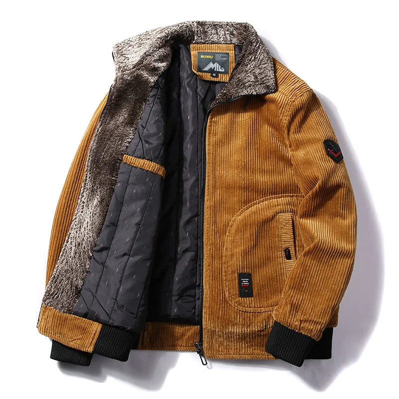 Coupe-Vent Thermique en Velours Côtelé pour Homme, Veste Chaude avec Col en Fourrure, Vêtement d'Extérieur Décontracté, Grande Taille, Hiver
