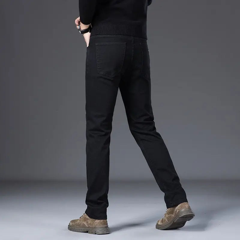 Nouveau Style jean noir hommes mince Style coréen confortable jambe droite élastique taille moyenne pantalon automne hiver pantalon Denim décontracté