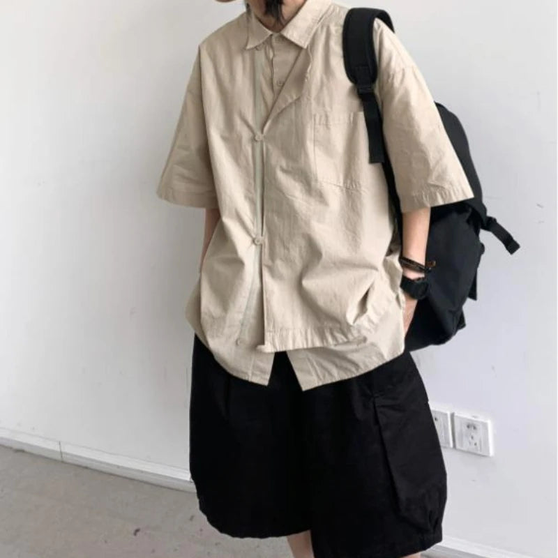 Ensemble coréen pour hommes, chemise à manches courtes + plusieurs poches, Short d'outillage, couleur unie, rétro, tendance d'été, ensemble deux pièces