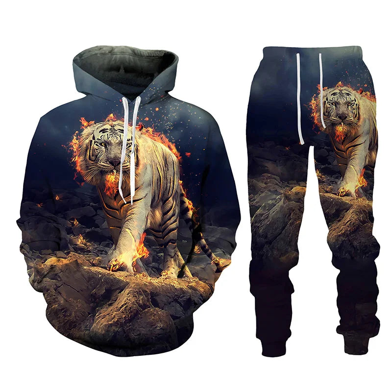 Ensemble de survêtement imprimé tigre animal 3D pour hommes, sweat à capuche et pantalon décontractés, streetwear à la mode, vêtements trempés, automne, hiver, 2 pièces