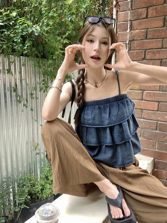 Camisole en Denim à Volants Superposés pour Femme, Streetwear, Couleur Unie, Vacances, Été