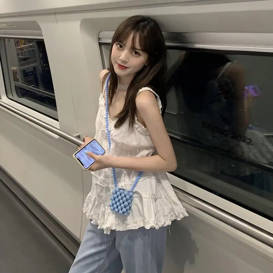 Camisole femmes col en v volants Design doux couleur Pure Style coréen vacances d'été plage mode collège Simple hauts Femme doux
