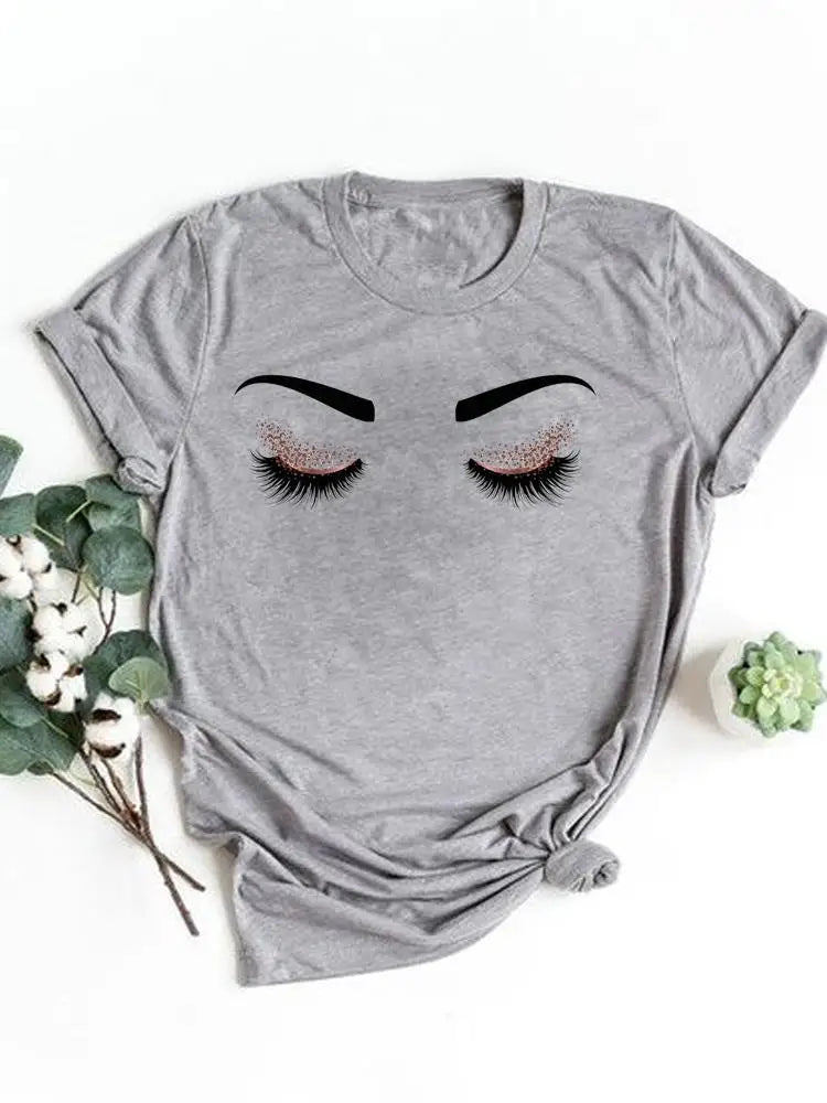 T-shirt manches courtes pour femmes, vêtement basique, haut d'été, maquillage rayé, joli et mignon, imprimé, à la mode, graphique