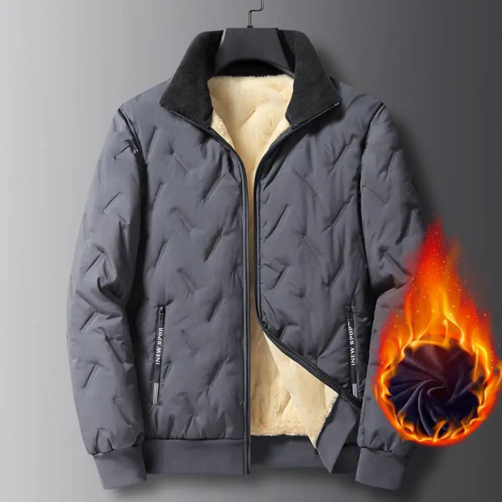 Veste à Revers avec Lignes en Relief pour Homme, Poches à Fermeture Éclair, Ourlet artificiel astique, Doublure en Peluche, Manteau pour la Chaleur