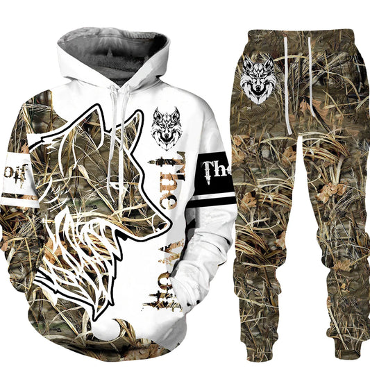 Ensemble de pantalons de survêtement et sweat à capuche College en 3D pour hommes, survêtement surdimensionné, streetwear imbibé, vêtements de sport, motif animal loup, hiver, automne