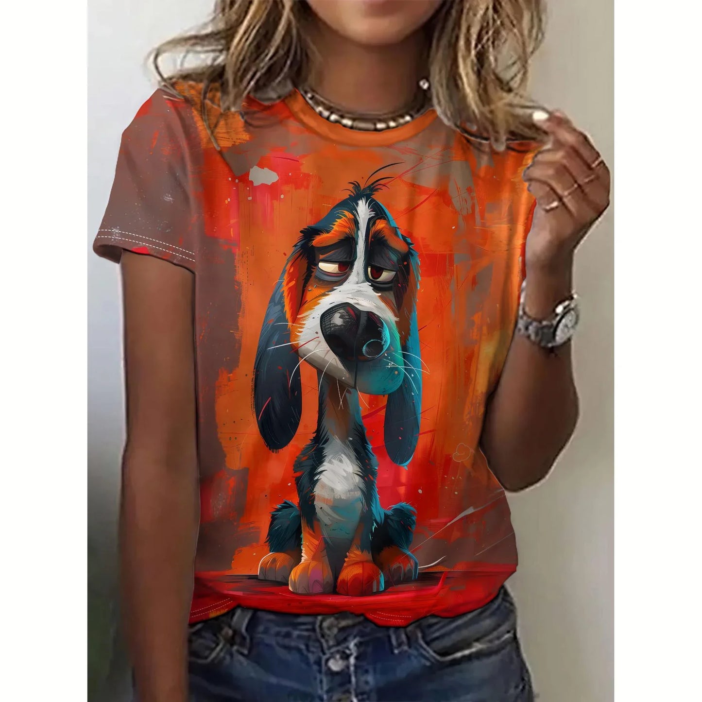 T-shirt manches courtes col ras du cou pour femme, vêtement surdimensionné, décontracté, imprimé chien, 3d, à la mode, été