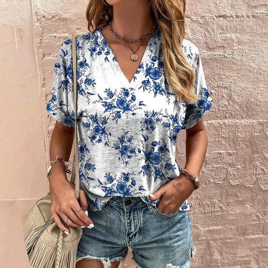 T-Shirt femme été col en v T-Shirt pour femmes mode quotidienne à manches courtes T-Shirt style décontracté impression 3d vêtements féminins