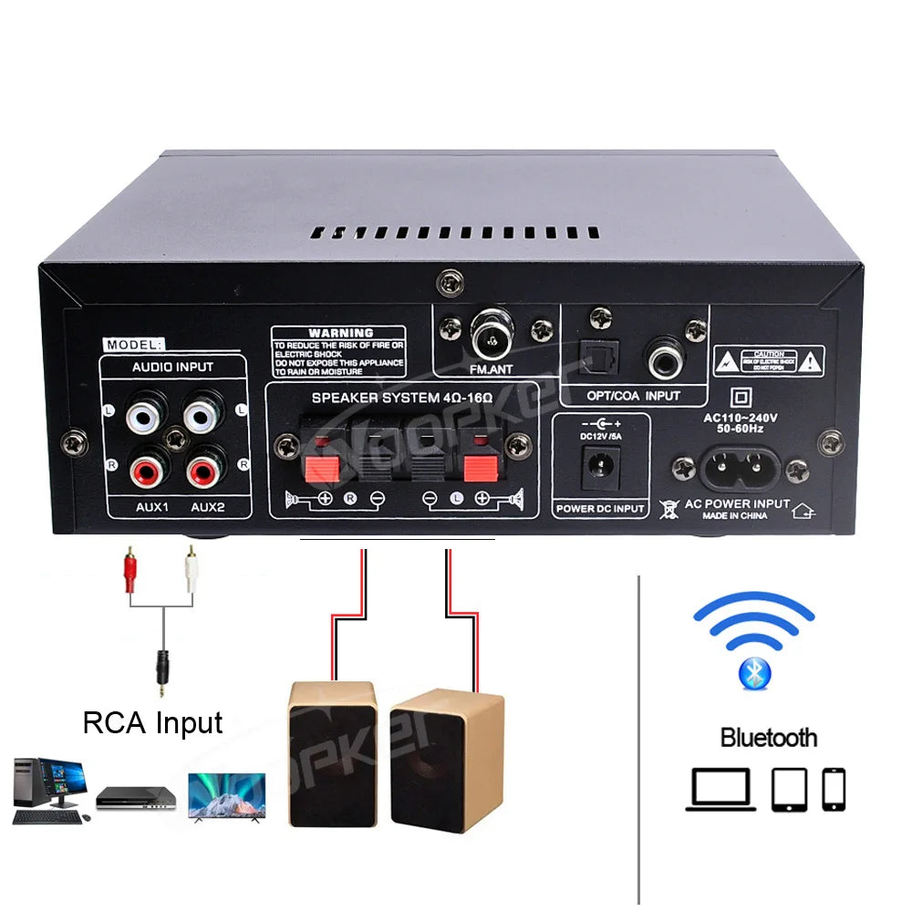 Woopker-Amplificateur de puissance domestique Bluetooth 2.0, caisson de basses pour touristes, entrées micro, radio FM, AK55, canal RMS 70W + 70W, 5.0, HiFi, Prévention 900W