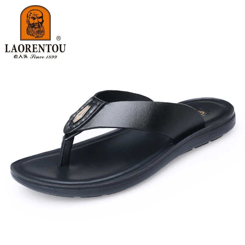 LAORENTOU-Pantoufles en cuir véritable pour hommes, tongs à clipser, sandales pour hommes, semelle souple en cuir de cercle, anti-ald, version coréenne