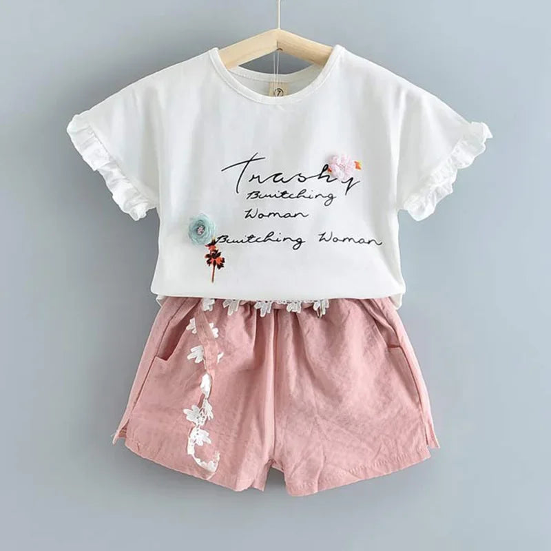 BEAR LEADER-Ensemble d'été décontracté en mousseline de soie pour enfant, t-shirt et pantalon bleus à fleurs, pour fille de 3 à 7 ans, nouvelle collection