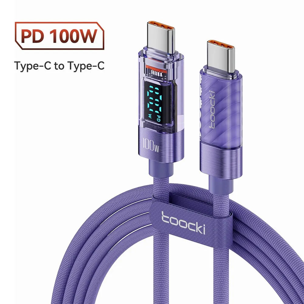 Toocki USB Type-C to Type-C Cable, 100W, PD Display, Fast Charger, Transparent Cable for Xiaomi Macbook